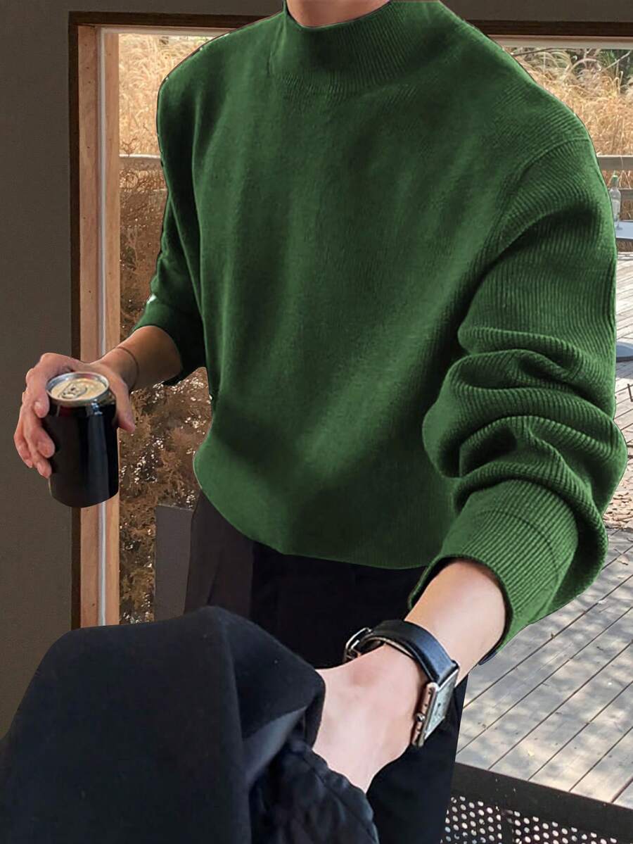 Claim Dot Men's Stand Collar Solid Color Drop Shoulder Long Sleeve Casual Loose Pullover Sweater Green Sweater Turtle Neck - Olive Green - View 1