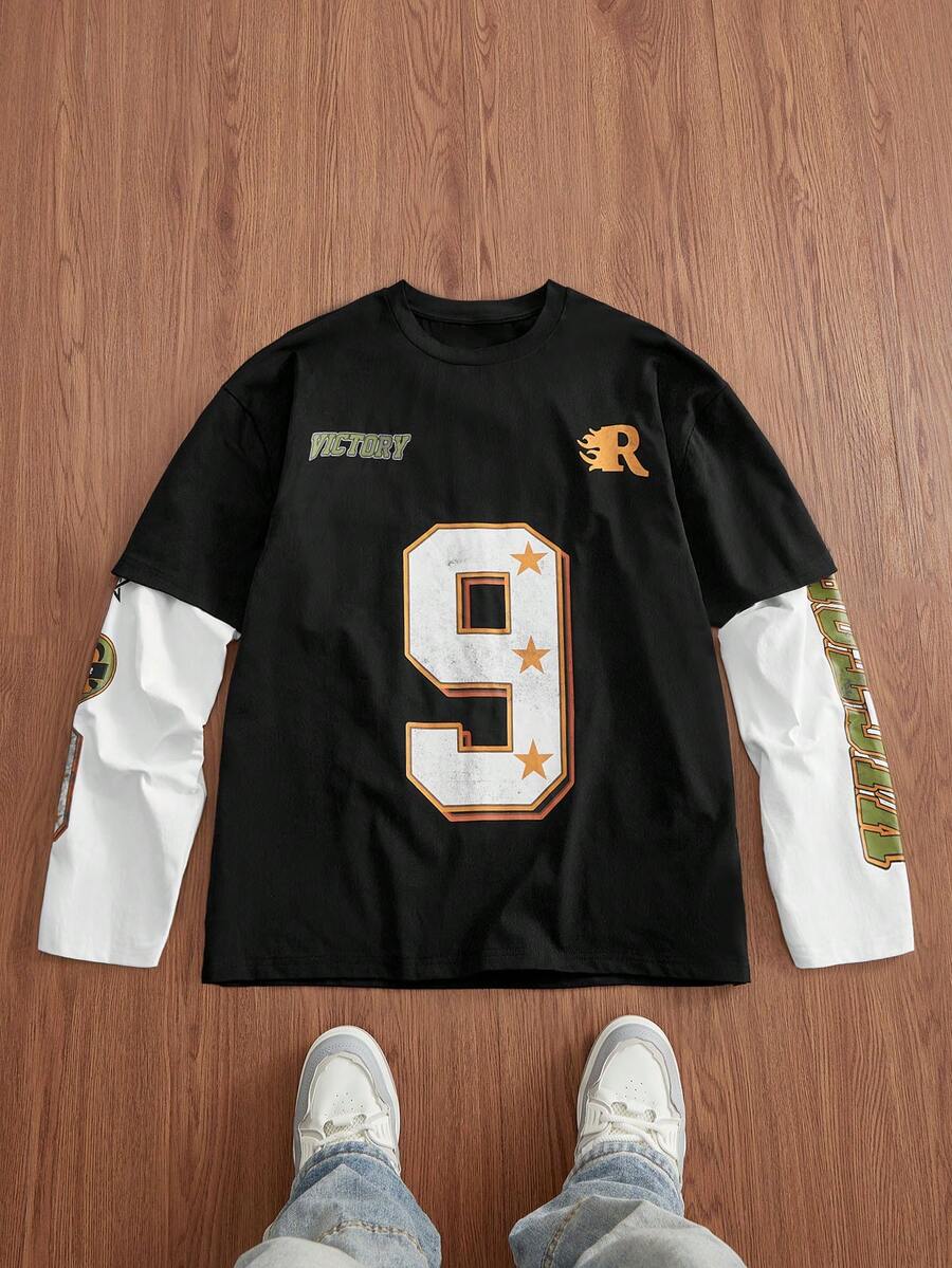 SWAVVY Men's Casual Commuting Fashion Street Contrast Stripe Print 2 In 1 Long Sleeve T-Shirt, Spring/Autumn,Streetwear