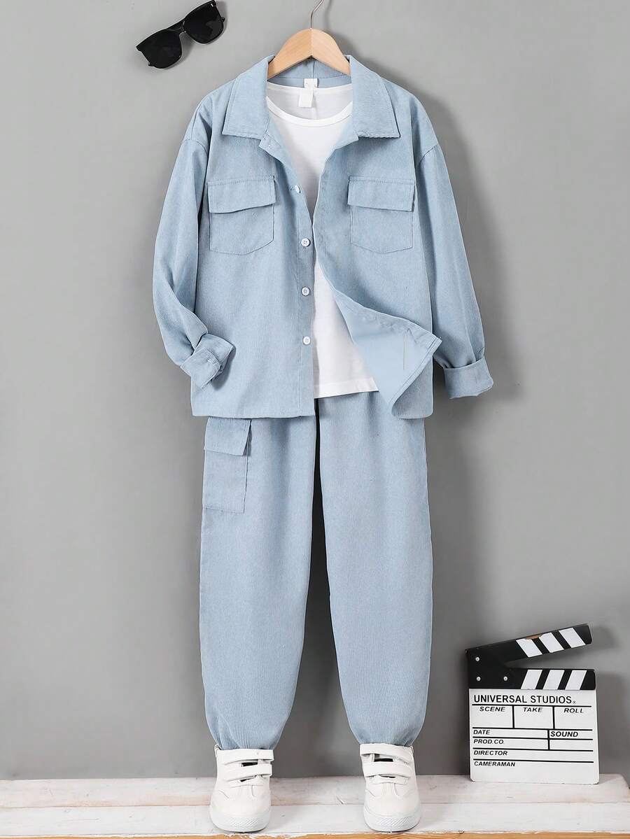 SHEIN Explorewe 3pcs Boys Autumn/Winter Outfit: White T-Shirt, Light Blue Shacket With Button Collar Design, Matching Cargo Pants With Cuffed Hem. Classic And Energetic Basic Outfit Suitable For School, Casual Outings And More.