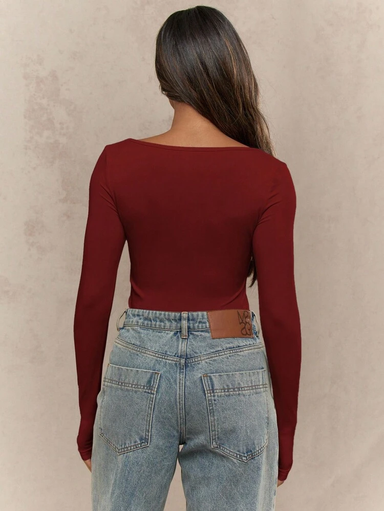 MISSGUIDED Long Sleeve Square Neck Fitted Bodysuit For Women Fall Winter Layering Essential