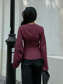 Siren Gaze Áo sơ mi nữ dáng ôm dáng đi làm có chi tiết thắt eo Áo sơ mi sọc cổ tròn tay dài dành cho nữ, thích hợp mặc đi làm và đi làm công sở Giáo viên nữ Mùa đông Giáng sinh Đỏ Năm mới Đỏ tía - Màu Đỏ Sâu - Xem 2