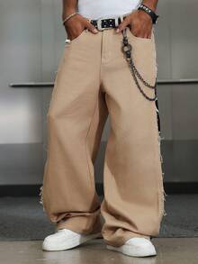 Manfinity EMRG 男士宽松中国龙印花口袋做旧阔腿休闲牛仔裤 - 彩色 - 查看 4