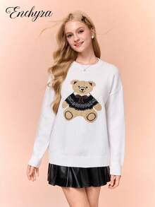 Casual Cute Bear Print Sweater For Teen Girl Suitable For School And Outdoor Wear Fall Winter - White - View 6