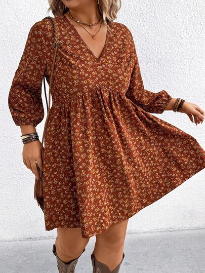 LanaWest Plus Size Women's Autumn Corduroy Floral V-Neck Long Sleeve Dress, Minimalist Red