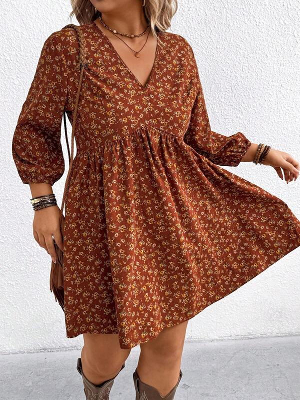 LanaWest Plus Size Women's Autumn Corduroy Floral V-Neck Long Sleeve Dress, Minimalist Red