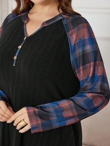 Lacomfia Plus Size Elegant Casual Plaid Patchwork Dress - Black - View 6