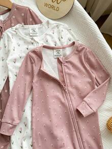 Babygirl Cute Casual Knitted Ditsy Floral Stretchy Pink Long Sleeve Jumpsuit Bodysuit Loungewear