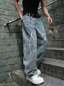 Manfinity EMRG Loose Men's Lightning Print Wide Leg Jeans - Light Wash - View 6