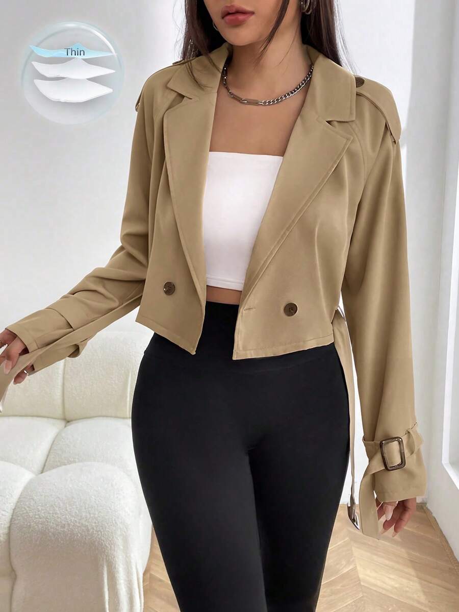 SHEIN EZwear 女士休闲卡其色长袖短款风衣,适合秋冬日常穿着 - 卡其色 - 查看 1