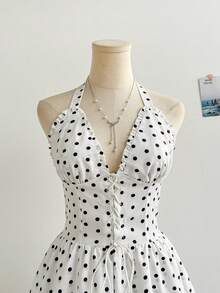 Soleia 全新休闲度假西部海滩婚礼宾客服装毕业早午餐礼服，适合圣帕特里克节、春假、复活节、音乐节，优雅波西米亚风热带波尔卡圆点荷叶边系带迷你连衣裙 - 黑與白 - 查看 4