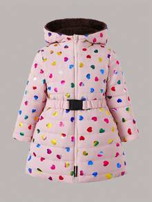 SHEIN Young Girl Pink Ombre Laser Heart Thick Mid-Length Hooded Drawstring Winter Jacket - Pink - View 1