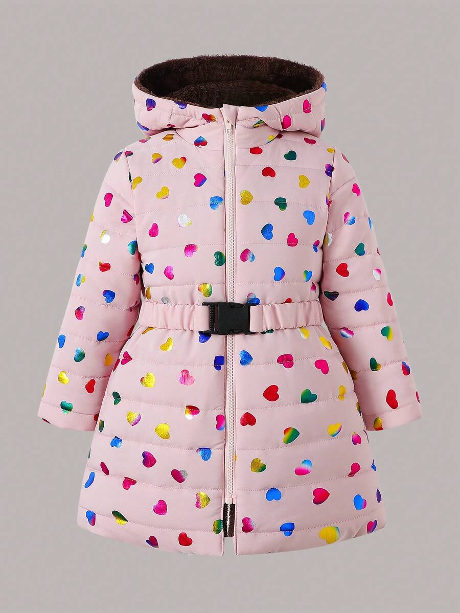 SHEIN Young Girl Pink Ombre Laser Heart Thick Mid-Length Hooded Drawstring Winter Jacket - Pink - View 1