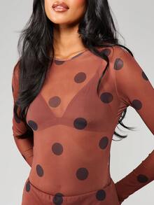 MISSGUIDED Polka Dot Mesh Bodysuit Long Sleeve Sheer See Through Fitted Top Fall Winter Party Club