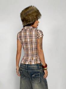 StreetHx Camisa ajustada con mangas cortas y estampado de cuadros azules para mujer - Naranja - Ver 2