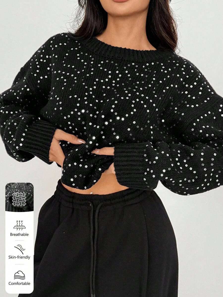 SHEIN MOOSTA Fashionable Sequin Embellished Party Sweater For Women - Black - View 1