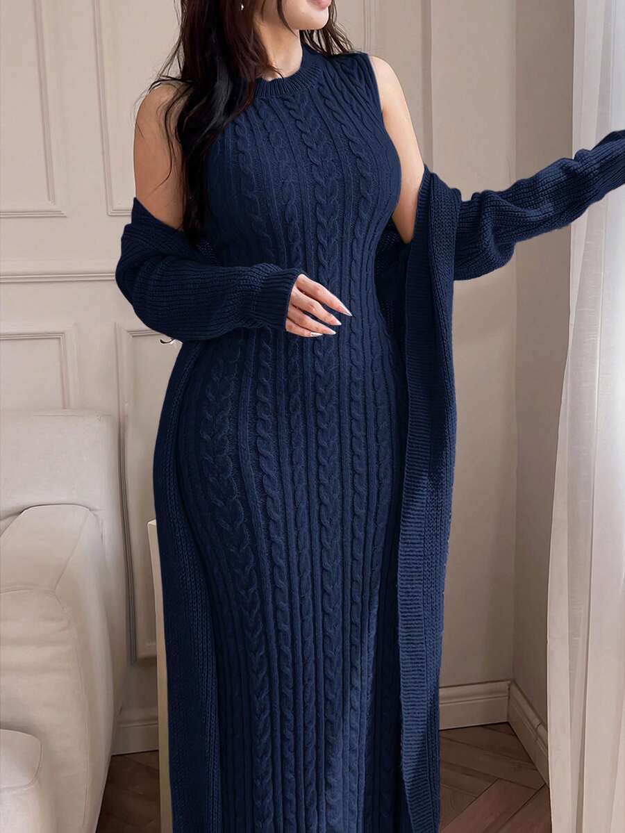 Feyla 2pcs/Set Women Elegant Solid Color Stand Collar Cable Sleeveless Dress And Long Sleeve Cardigan Set 2 Pieces Set In Fall/Winter Sweater Dress Knit Two Piece Set - Navy Blue - View 1