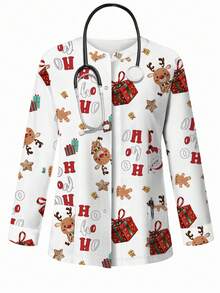 PopScrub 春秋时尚开衫上衣圣诞姜饼人驯鹿礼物字母卡通印花女休闲/护士服外套 - 彩色 - 查看 6