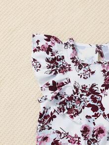2pcs/Set Tween Girls Floral Print Round Neck Top & Belted Solid Color Pants - Burgundy - View 10