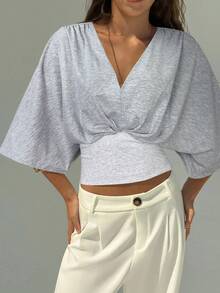 Aloruh Áo thun chui đầu màu trơn cổ chữ V trễ vai tối giản mới, nhún eo, đa năng khi đi làm - Xám - Xem 5