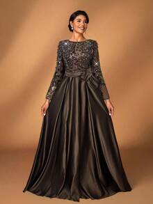 Serin 优雅奢华的薄纱长袖刺绣蕾丝花朵泡泡珍珠蝴蝶结喇叭连衣裙，适合婚礼、派对、度假、盛大晚宴、晚间活动、新娘母亲礼服、情人节等场合。 - 咖啡棕 - 查看 3