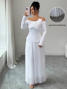 Modelyn French Design Off-Shoulder Top & Mesh Skirt 2-Piece Dress Set For Women