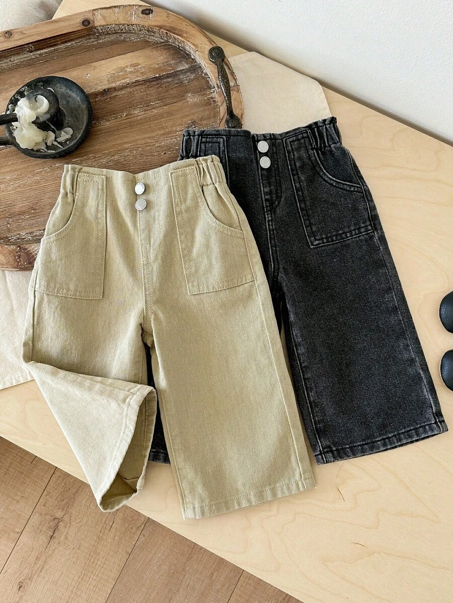 SHEIN LMoss Kids 2件套女婴卡其色和黑色宽松牛仔裤 - 彩色 - 查看 1