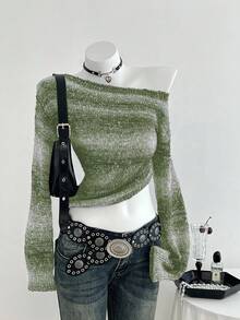 Elamini Women's Ombre Shoulder Cutout Long Sleeve Fashionable Sweater, Suitable For Vacation - Green - View 3