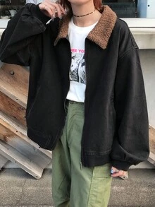 FRIFUL 女士休闲蓬松牛仔翻领夹克 - 藍色 - 查看 3