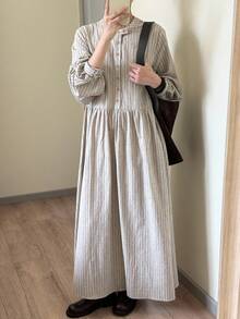 FRIFUL 女士条纹宽松A字连衣裙，自然风格连衣裙 - 卡其色 - 查看 5