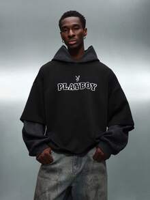 PLAYBOY X SUMWON Oversized Pullover Hoodie With Drawstring Hood And Centre Pocket Casual Streetwear Sweatshirt - Black - View 2