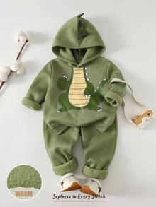 Cozy Pixies 2 件套幼儿男童卡通恐龙图案针织柔软连帽卫衣和松紧腰裤套装 - 綠色 - 查看 1