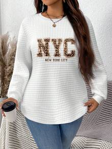 EMERY ROSE Áo nỉ cổ tròn họa tiết da báo NYC kẻ caro và họa tiết kẻ caro thoải mái màu trắng, thường ngày, mùa thu/đông, có đường viền cong và xẻ tà bên hông - Nhiều màu - Xem 7
