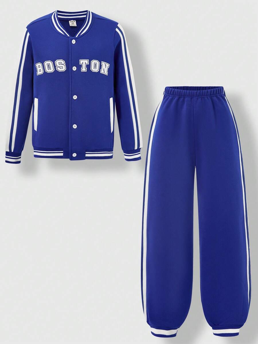SHEIN Explorewe Tween Boy Letter & Stripe Long Sleeve Baseball Jacket And Jogger Pants 2 Pieces Set, Casual For Autumn/Winter - Blue - View 1