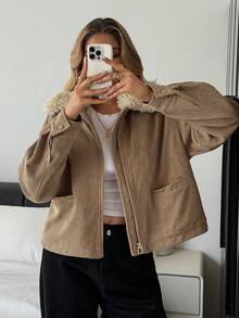 DAZY 复古美式休闲仿毛领短款棉服外套，冬季 - 卡其色 - 查看 6