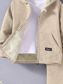 SHEIN Explorewe 2 件套年轻男孩休闲纯色连帽夹克，带口袋和保暖内衬裤子套装，宽松版型，保暖，适合秋冬 - 卡其色 - 查看 6