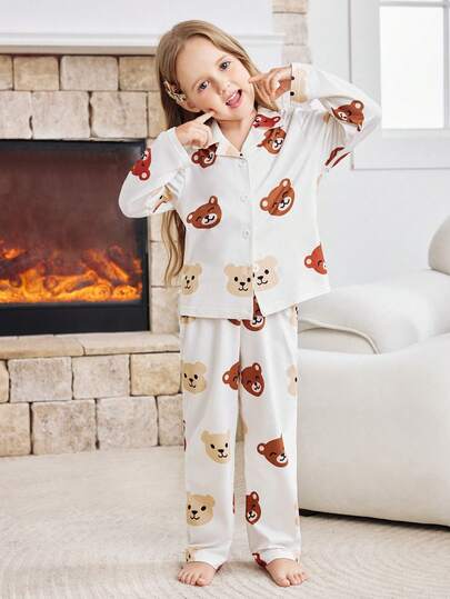 FamilyFrolics 2pcs White Contrast Color Cute Bear Collar Placket Pajamas, Comfortable & Soft, Girls Sleepwear