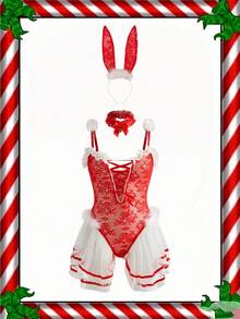 Bộ đồ liền thân thỏ ren gợi cảm 3 món cho lễ Giáng sinh - Đỏ - Xem 8