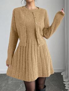 Selianne 2件套女士灰色毛衣裙和开衫套装，秋季 - 卡其色 - 查看 5