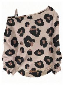 EMERY ROSE Asymmetrical Neck Long Sleeve Plus Size T-Shirt With Leopard Print Pattern And Stylish Fit Leopard Print Top Animal Print Top One Shoulder Top One Shoulder Leopard Top Leopard Top Cheetah Top Animal Print BlouseIn , - Multicolor - View 2