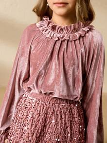 2pcs Girls Pink Velvet Top & Fitted Skirt Set, Sequin Design Suitable For Party, Prom, Graduation, Birthday, Christmas - Pink - View 4