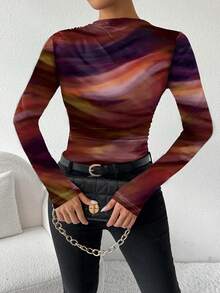 Chiquease Camiseta de manga larga asimétrica con pliegues y estampado degradado, camisetas gráficas para mujer de otoño/primavera - Naranja - Ver 4