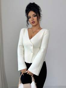 SHEIN Elenzya Fashionable Minimalist Button-Up Long Sleeve Knit Cardigan - White - View 3