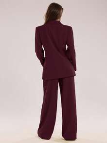 SHEIN BAE Women's Solid Color Lapel NeckDouble-Breasted Long Sleeve Jacket And Pants Casual Commuter Suit Set, Autumn - Rusty Rose - View 2