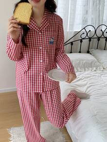 女士宽松舒适红色格子休闲简约兔子刺绣图案两件套睡衣套装 - 紅白色 - 查看 5