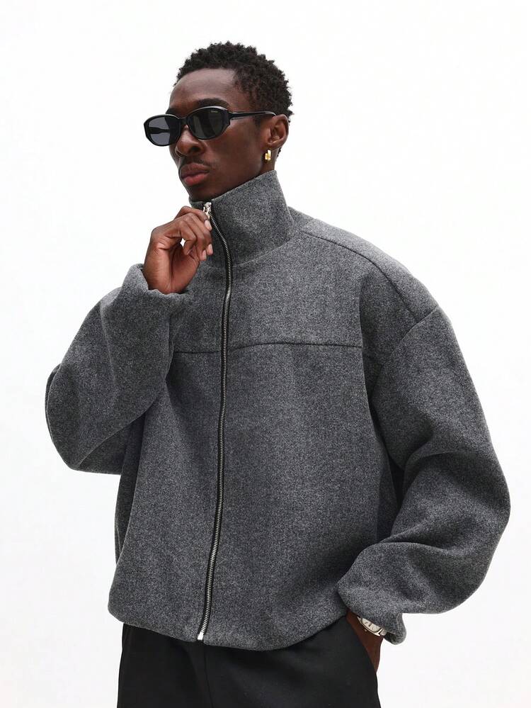 Oversized Wool Zip Up Jacket With Ribbed Collar