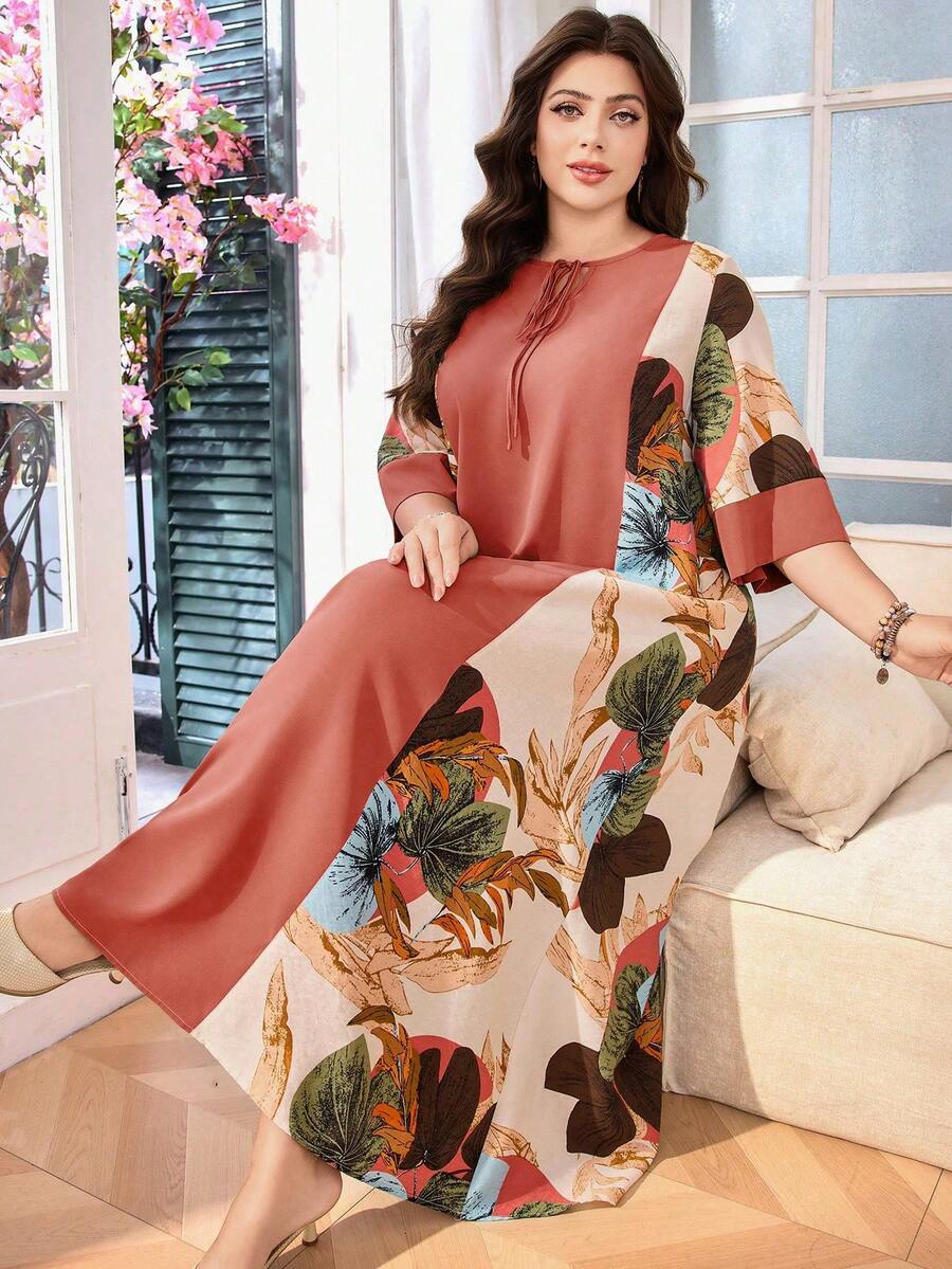 SHEIN Lacomfia 大码女式阿拉伯风格宽松休闲连衣裙，圆领，系腰，七分袖，拼接 - 彩色 - 查看 1