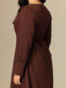 Juhart Plus Size Women's Elegant Commuter Brown Square Collar Single-Breasted Puff Sleeve Long Sleeve Fitted Slim Long Dress