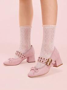 CUCCOO DOLLMOD Pantofi Mary Jane cu toc gros și elastic, stil retro francez, roz, din piele întoarsă, cu baretă dublă și fiolă, model retro, cu fundă - Roz - Vizualizare 1