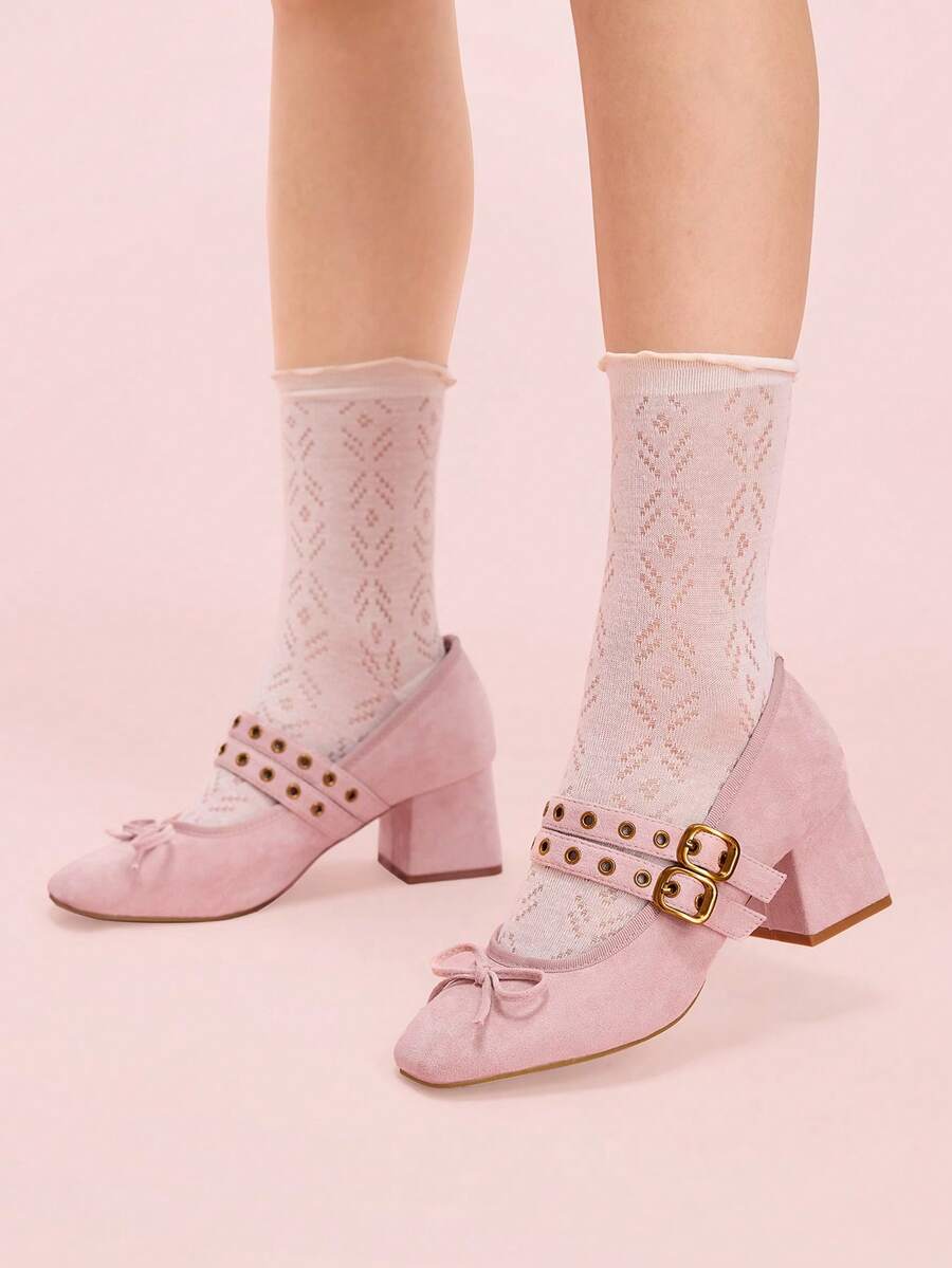 CUCCOO DOLLMOD Pantofi Mary Jane cu toc gros și elastic, stil retro francez, roz, din piele întoarsă, cu baretă dublă și fiolă, model retro, cu fundă - Roz - Vizualizare 1