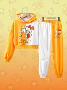 GARFIELD | SHEIN Conjunto informal de 2 piezas de sudadera con capucha y pantalón de chándal con estampado de dibujos animados y hombros caídos para niña preadolescente